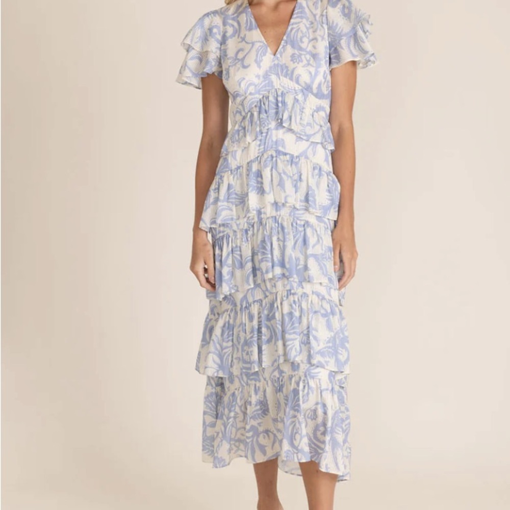Alden Blue and White Tiered Flutter Sleeve Midi Dress